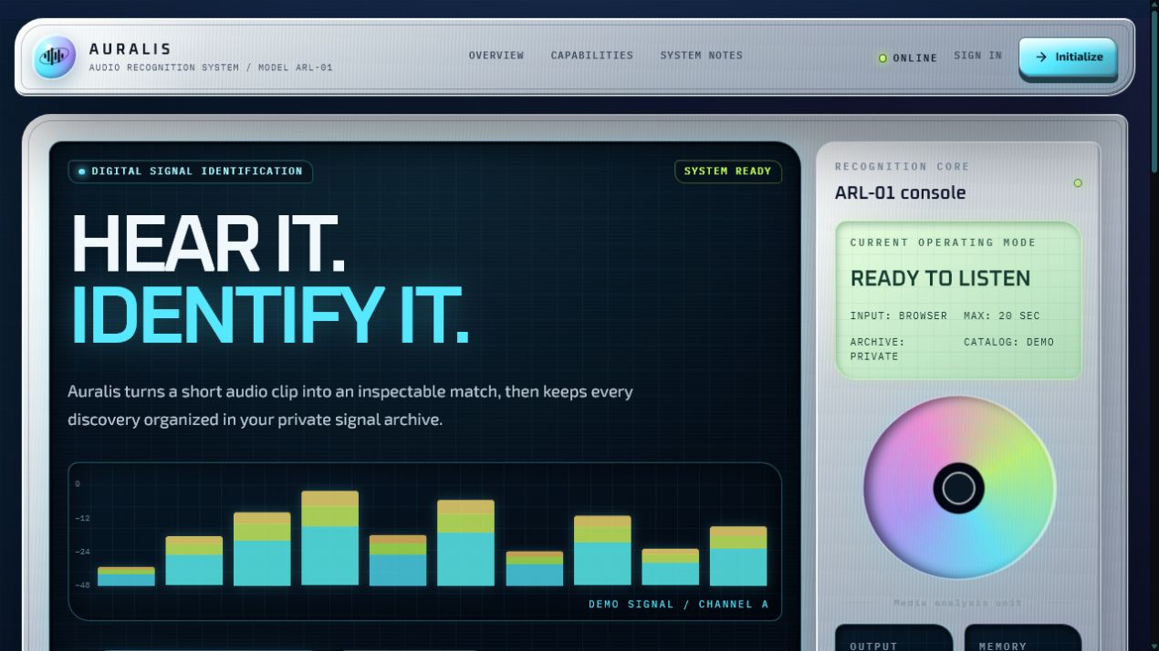 Auralis landing page presenting microphone capture and upload recognition workflows.
