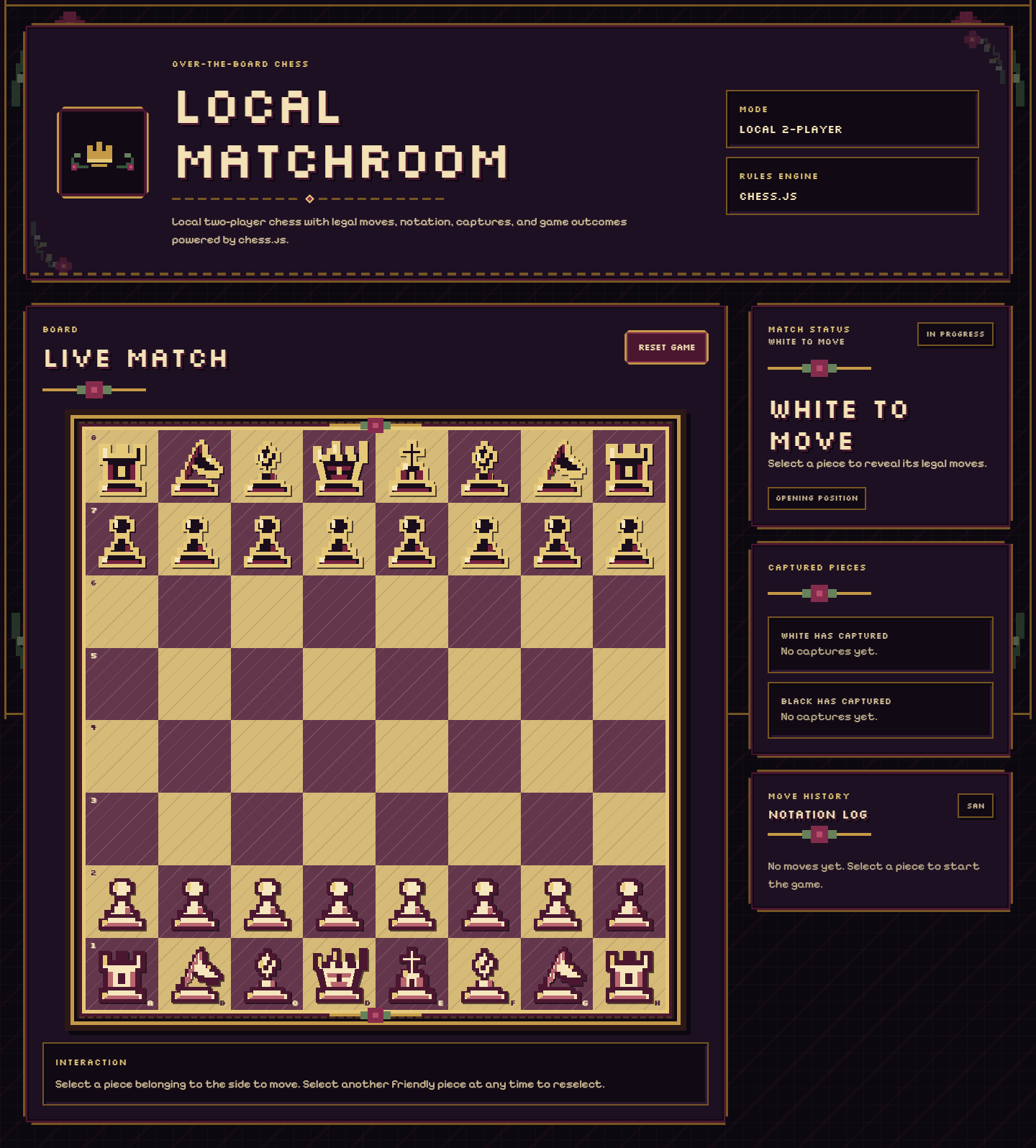 Local Matchroom desktop interface with a complete chessboard, match status, captures, and notation log.