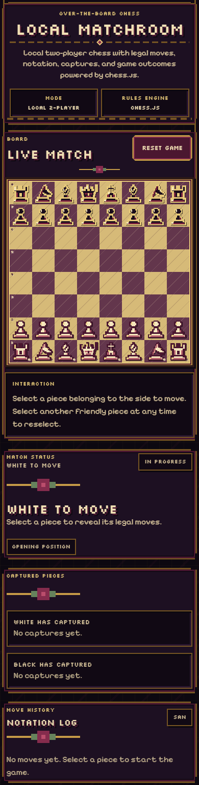 Local Matchroom mobile layout with the chessboard and stacked match information panels.
