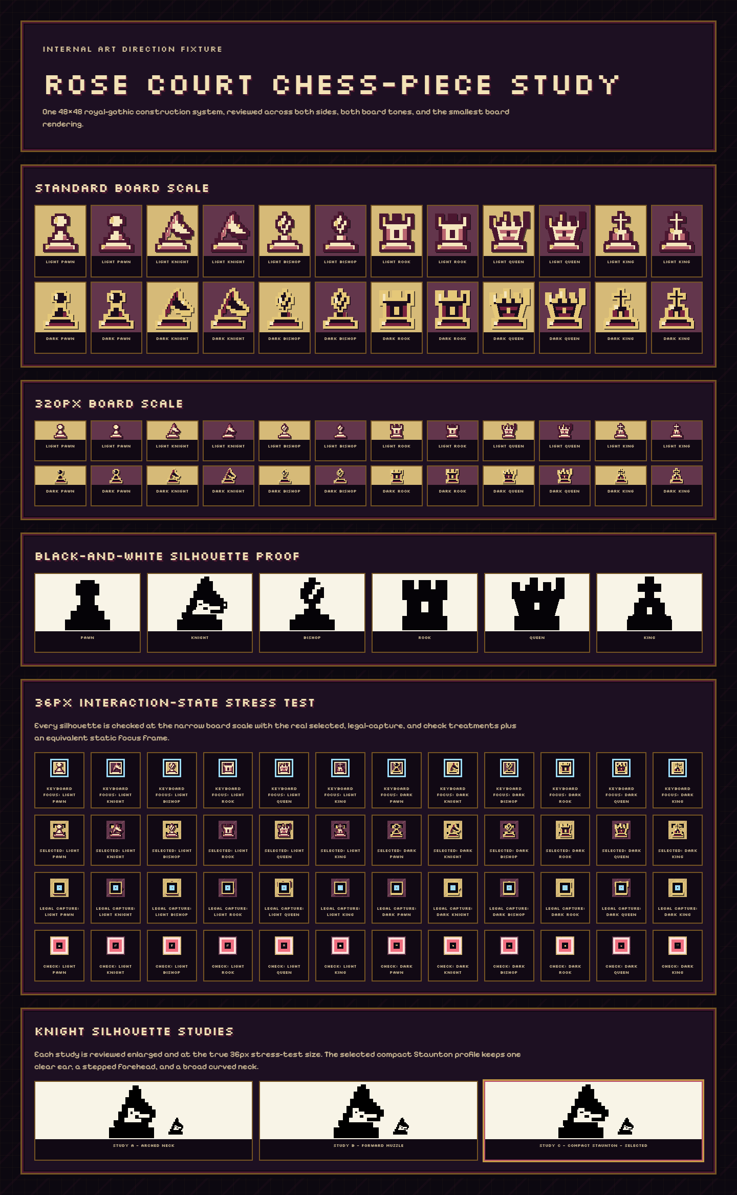 Rose Court chess-piece study showing original light and dark pieces at board, silhouette, and interaction scales.