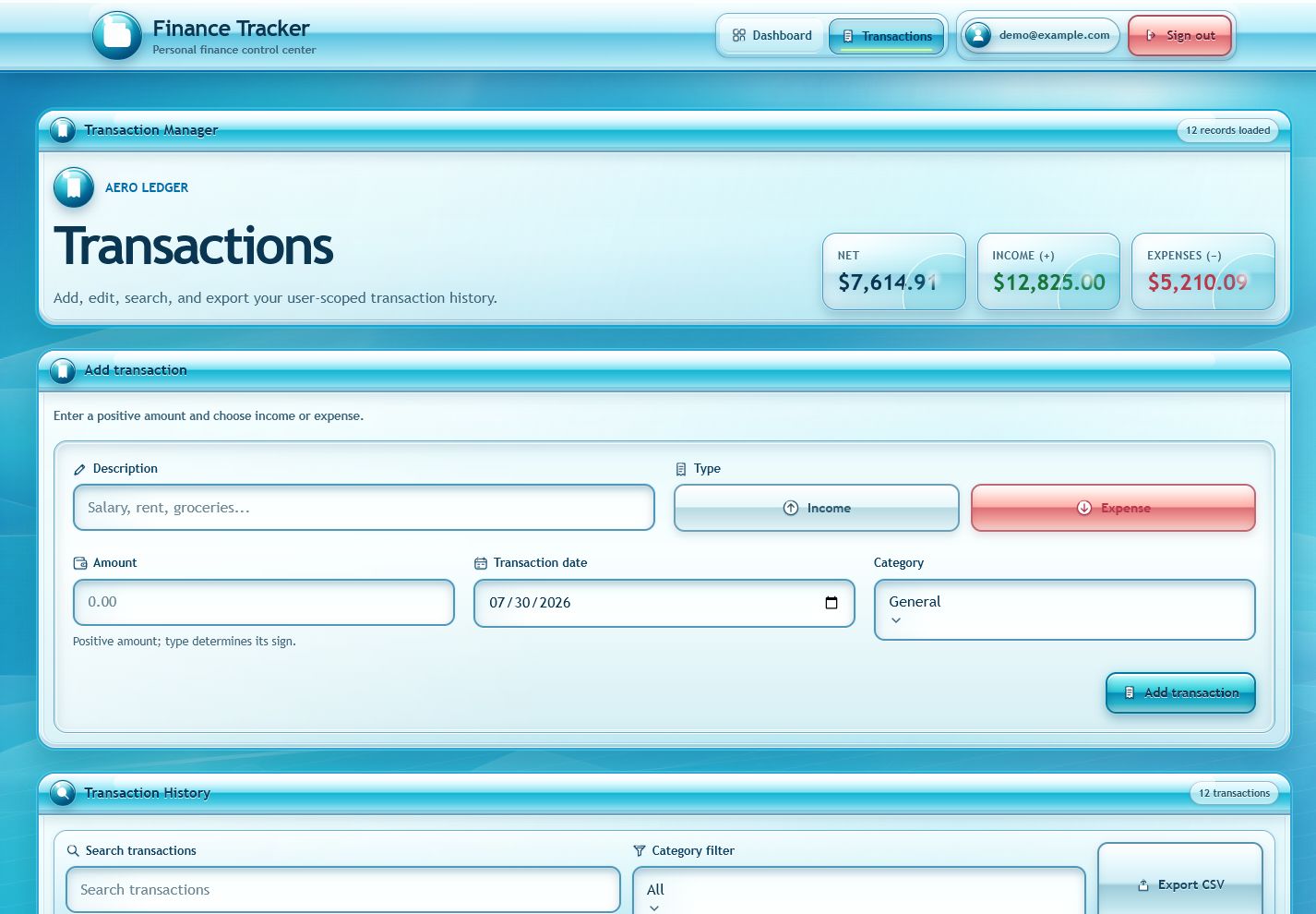 Transaction manager showing the add form, cash-flow summary, filters, and CSV export.