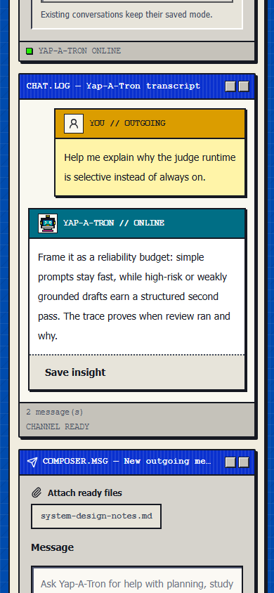 Mobile YapOS conversation showing a populated assistant exchange and compact composer.