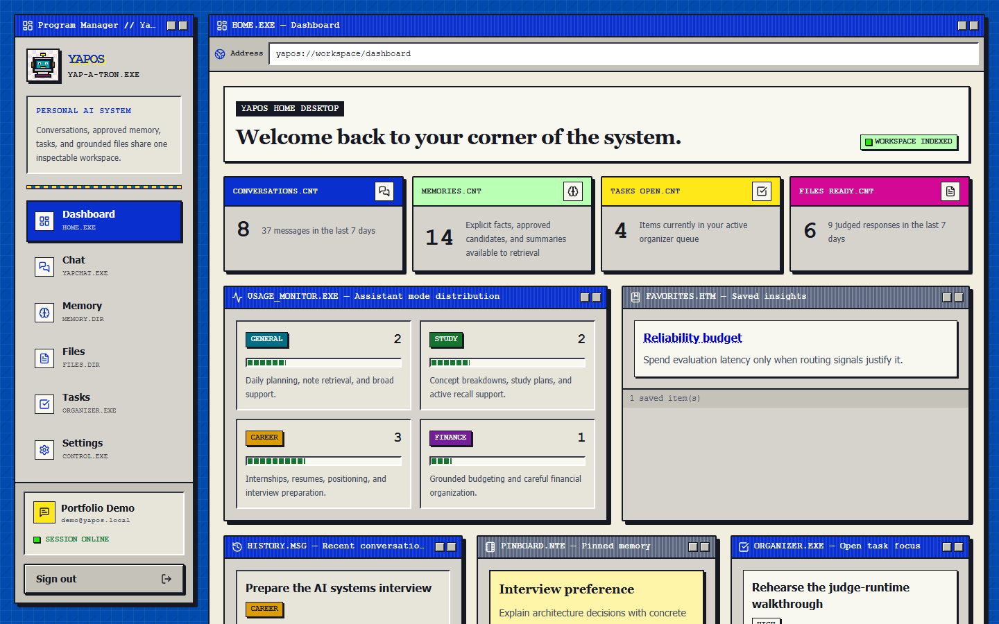 YapOS dashboard showing recent conversations, workspace tools, memory candidates, and system status.