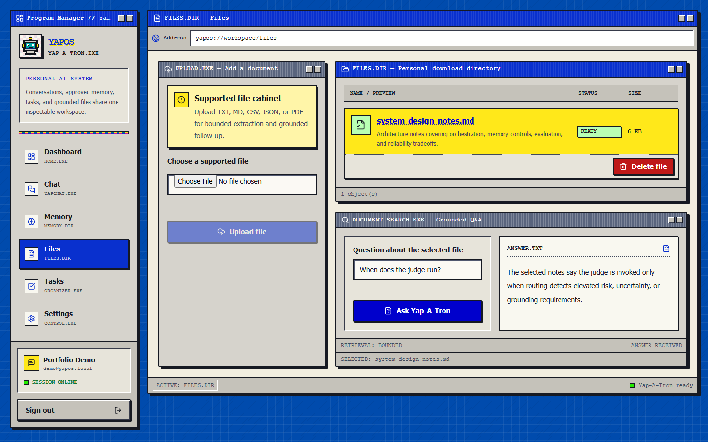 YapOS files workspace for uploading documents and asking bounded grounded questions.