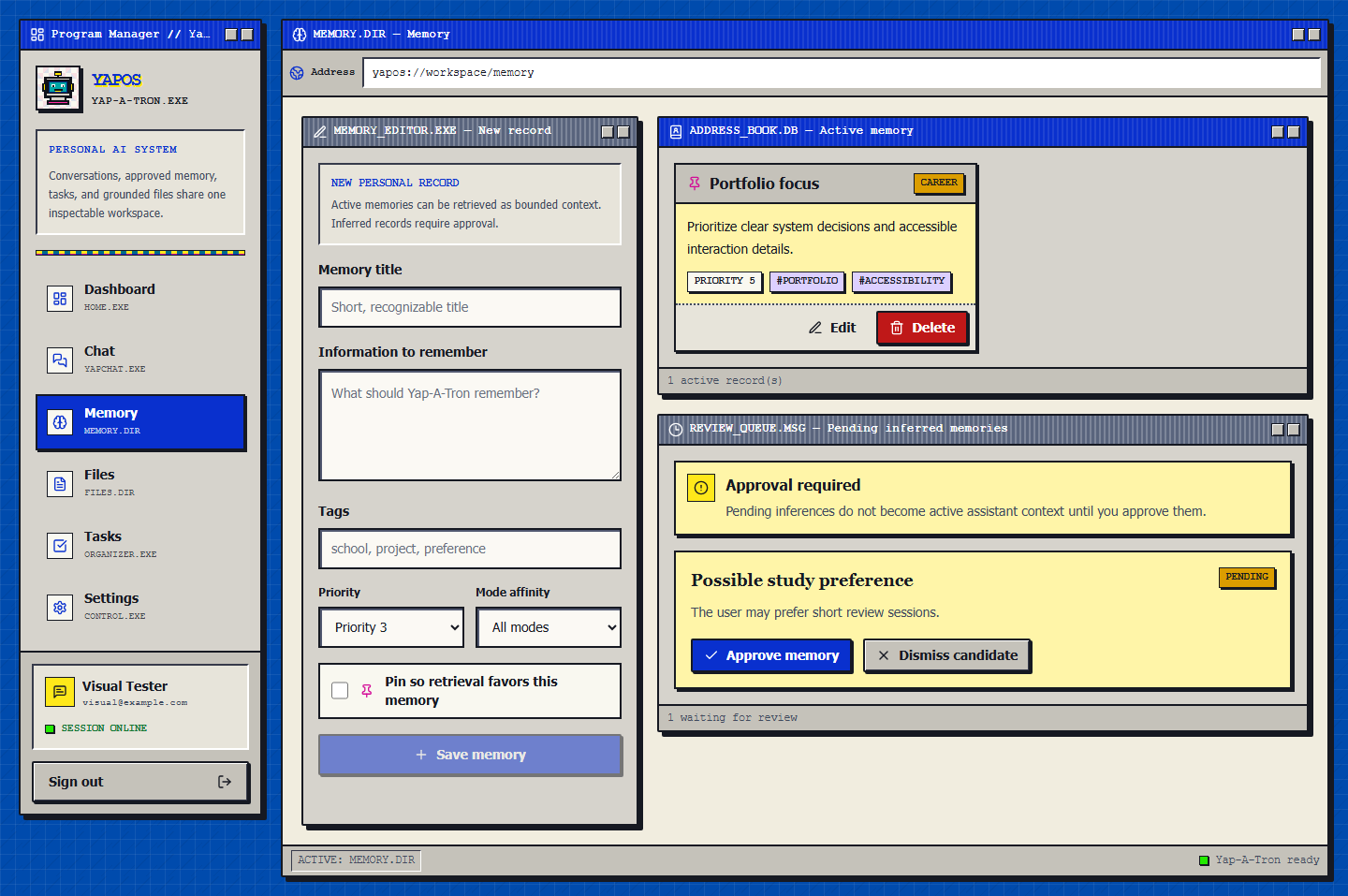YapOS memory workspace showing approved and pending personal memory controls.
